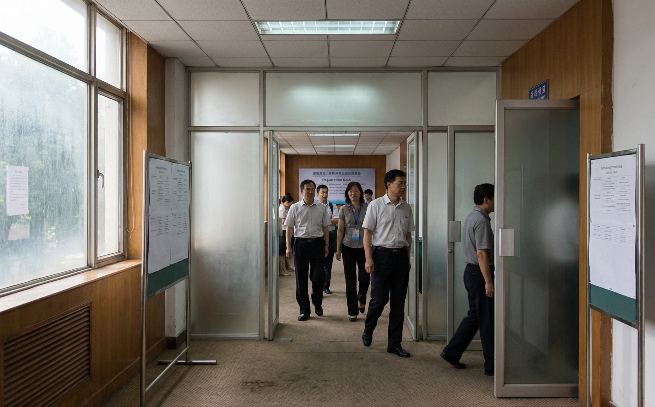 Historical technical conference corridor with attendees